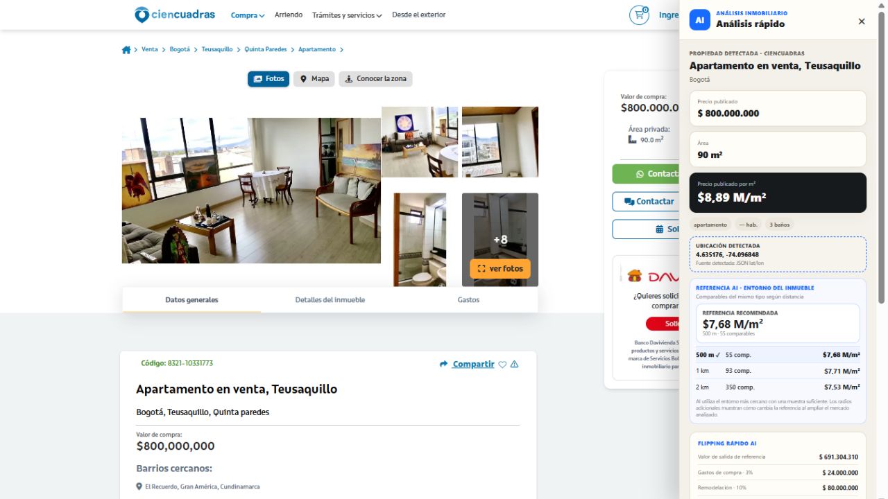 AI Chrome analizando una propiedad en Ciencuadras