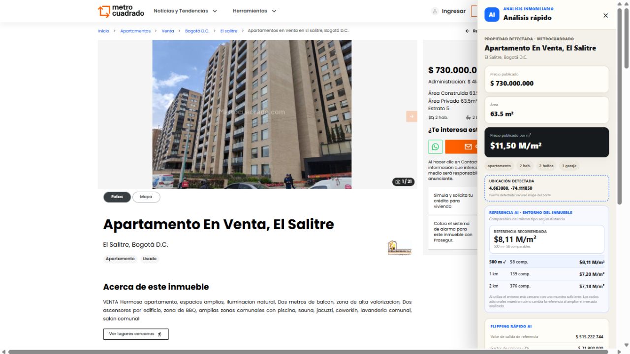 AI Chrome analizando una propiedad en Metrocuadrado